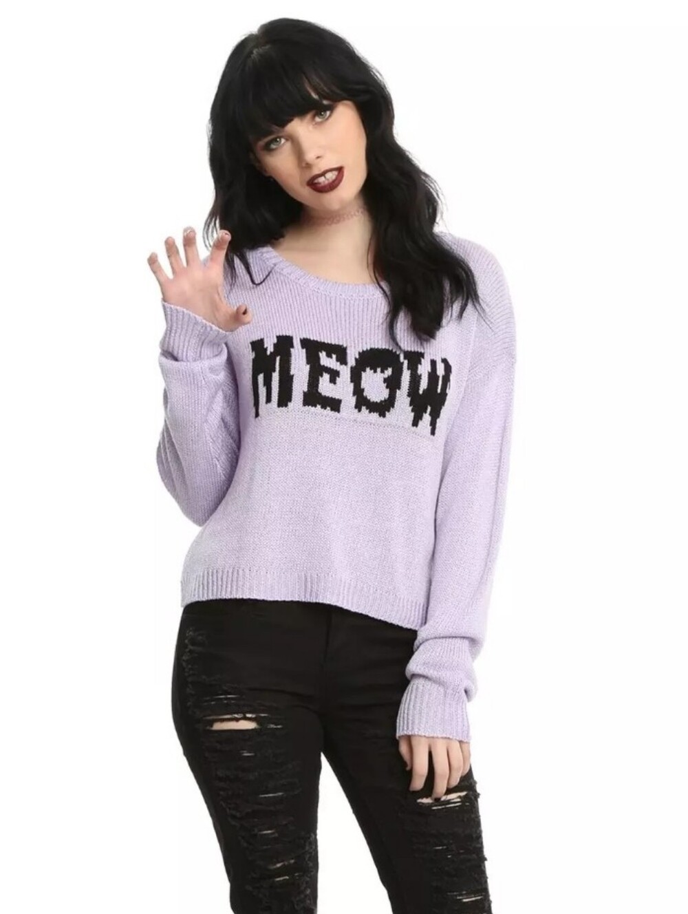 Hot Topic Meow Sweater Light Purple & Black Kitty Cat Feisty Pullover Knit SM